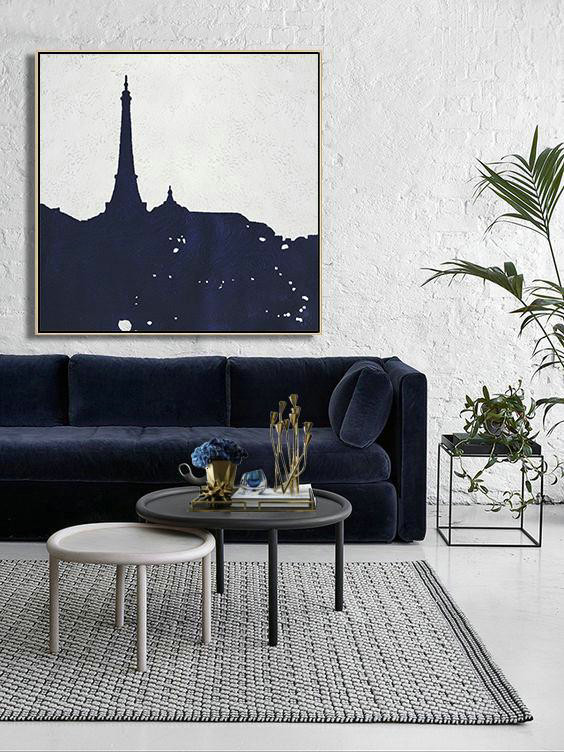 Oversized Canvas Art On Canvas,Hand Painted Navy Minimalist Painting On Canvas,Extra Large Paintings